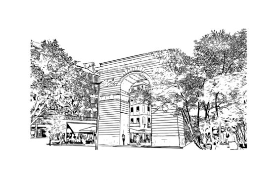 black and white archway building with trees clip art preview