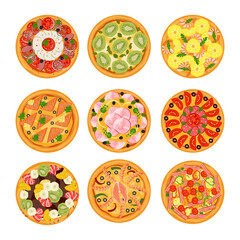 Delicious pizza collection with vegetables, sausage and mozzarella vector illustration. Hot fresh dinner menu from restaurant, label set.