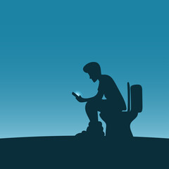 man sitting on toilet bowl and using smartphone for long time in blue gradient shade. Health concept.