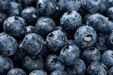 Water drops on ripe sweet blueberry. Fresh blueberries background
