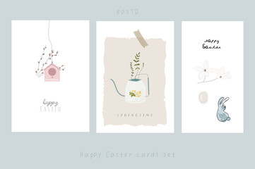 happy easter greeting cards set with spring cartoon floral and animals illustrations 