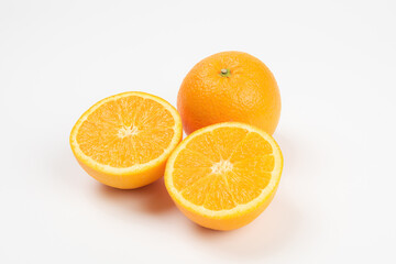 orange slice, half cut orange isolated on white background.