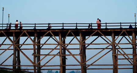 Sangklaburi or Myanmar tall wooden bridge on Songaria River