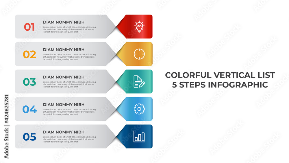 Poster vertical list infographic element template, business data visualization layout with 5 points of step