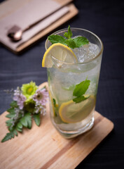glass of iced mineral infused water with lemons and mint leaves on wood