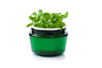 Green face cream jar with baby sprouts in it isolated on white. Herbal cosmetics concept,