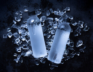 Water bottle is cooling on the ice cube,wood background