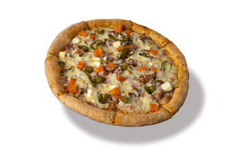 Traditional meat pizza on a white background. dish in the form of a thin round tortilla made of yeast dough and stuffed with tomato, pieces of cheese, meat, vegetables, mushrooms and other products.