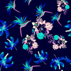 Fototapeta na wymiar Blue Pattern Vintage. White Seamless Leaf. Navy Tropical Design. Cobalt Flower Leaves. Pink Garden Foliage. Azure Drawing Painting. Decoration Nature.