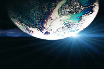 Bubble color. Globe planet earth in galaxy universe space with abstract sun on black background....