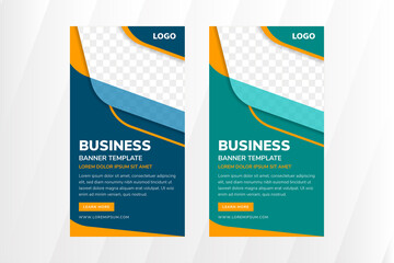 Collection of Business Banner design template. Abstract Geometric banner with flat green and blue colors background. Vector illustration set use vertical layout with space for photo. 