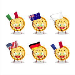 Marinara pizza cartoon character bring the flags of various countries