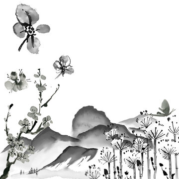 Sumi-e Japanese black ink painting with floral background with flowers