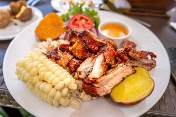 Cylinder pork dish. Chunks of pork meat.