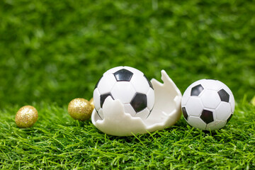 Soccer Easter Holiday with ball and Easter eggs are on green grass © thaninee