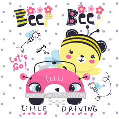 happy cute bear girl pink car