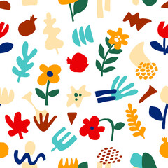 Trendy abstract pattern, geometric shapes in contemporary style. Vector floral seamless pattern flower,leaves in modern collage style.Abstract shapes hand drawn illustration.Colorful trendy background