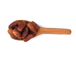 Dried Date palm fruits on wooden spoon isolate on white background.