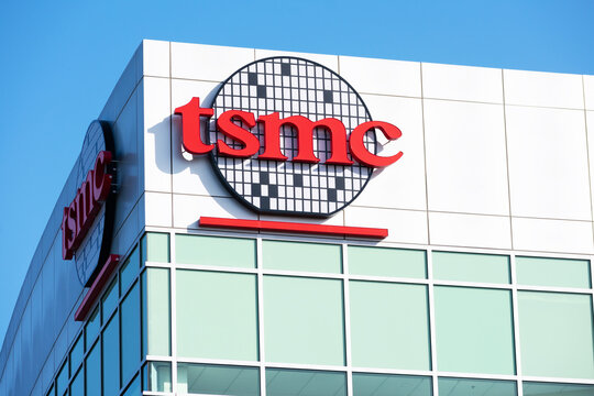 TSMC sign logo on headquarters in Silicon Valley of Taiwan Semiconductor Manufacturing Company. - San Jose, California, USA - 2021