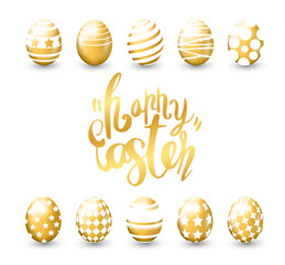 Gold Easter eggs around gold frame and inscription Happy Easter. Holiday background template