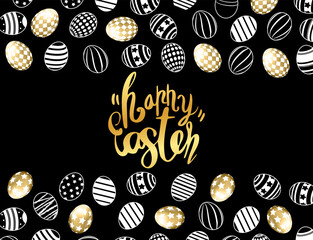 Easter eggs composition hand drawn black with gold eggs background. Decorative background