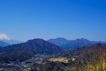 岩殿山からの眺望　大月市内と富士山　風景