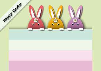 Colourful rabbits on pastel background. Greeting card for Happy Easter’s Day. space for the text. Graphic illustration paper cut design style.