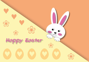 White rabbit on orange abstract background. Happy Easter’s Day concept. space for the text. Graphic illustration paper cut design style.