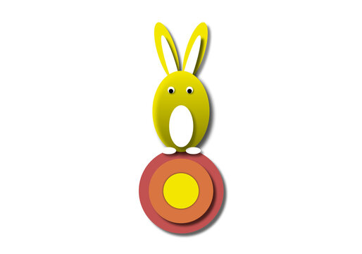 Yellow bunny with colourful circle on white background. Happy Easter’s Day concept. isolated rabbit. Graphic illustration paper cut design style.