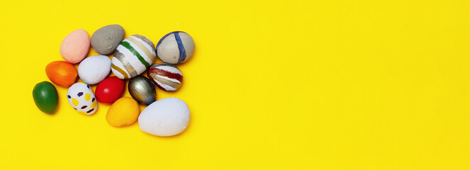 Easter concept. Place for text. Multi colored painted easter eggs.