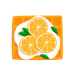 Viennese waffle with sour cream and orange. view from above. vector illustration in cartoon style isolated on white background