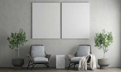 Minimal mock up interior design and living room and empty canvas frame on concrete wall background texture, 3D rendering