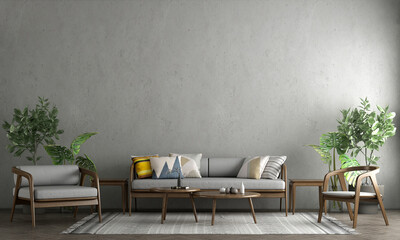 Cozy mock up interior design and living room and empty concrete wall background texture, 3D rendering