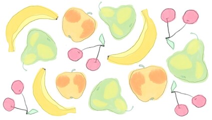 Оrganic fruits or vegetarian food. Set of fruits in modern style. Doodle textured cute fruits, banana, apple, pear, cherry