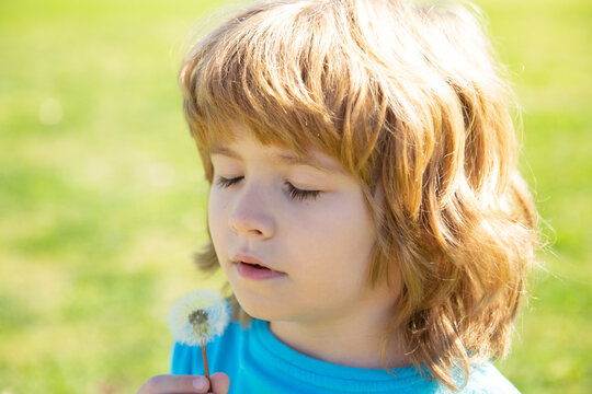 Spring or summer kid blow dandelions flower on walk and grass background. Soul harmony concept.