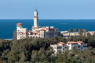 The Montazah Palace and Gardens adjacent to Mediterranean Sea at Alexandria in Egypt. The palace is of Moorish design although the tower is Italian Renaissance in design.