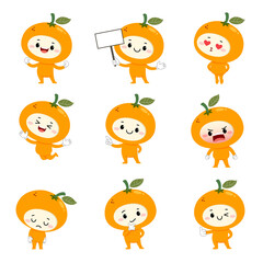 Set of cute orange cartoon characters with various activities and emotions.