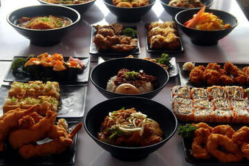 Freshly made assorted Japanese food on a table