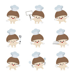 Set of cute mushroom chef cartoon characters with various activities.