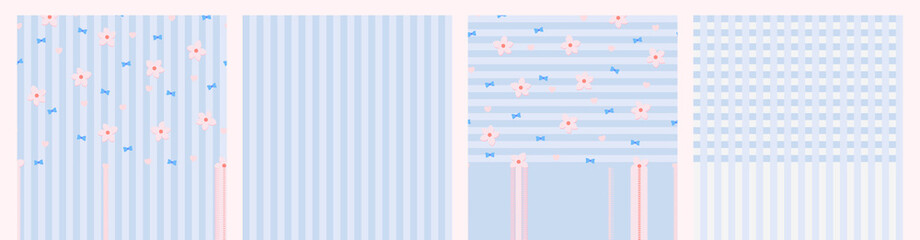Cute seamless pattern with blue stripes lines, pink flowers, bows and hearts. Simple lovely design for underwear, clothes, textile, paper, wrapping. Set of gift cute seamless pattern background design