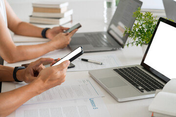 business man financial inspector and secretary making report and brainstorming with colleague in a modern co-working space