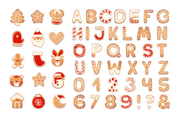 Christmas gingerbread cookies alphabet with figures. Biscuit letters and characters for xmas design. Vector illustration with sugar decorations.