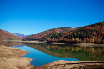 Amazing autumn landscape in the mountains with river and colorful trees on backdrop. Beautiful autumn background. Fall near Tereblia reservoir, Carpathian Mountains, Ukraine. 