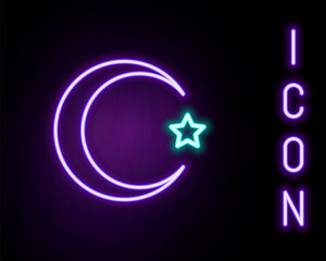 Glowing neon line Star and crescent - symbol of Islam icon isolated on black background. Religion symbol. Colorful outline concept. Vector