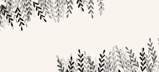 Floral web banner with drawn grey exotic leaves. Nature concept design. Modern floral compositions with summer branches. Vector illustration on the theme of ecology, natura, environment