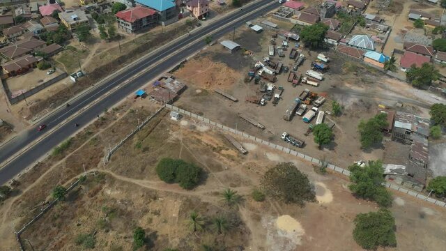 Aerial rural industrial area descent Freetown Sierra Leone. Sierra Leone on the coast of west Africa is a nation that suffers with extreme poverty and hunger. Congested crowded homes.