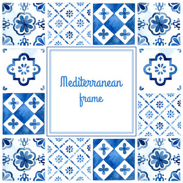 Patchwork Mediterranean tiles watercolor frame azulejo