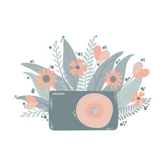 Cute colorful digital photo camera with fllowers in flat cartoon style. Vector hand drawn compact camera with floral illustration with pastels colors. Isolated on white background.