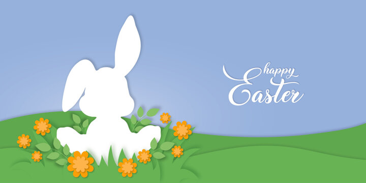 Easter bunny on meadow paper cut design vector, easter holidays spring nature rabbit and flowers illustration