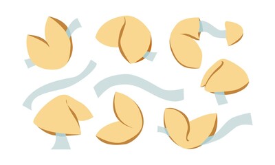 Set, Christmas Chinese fortune cookies. Good luck cookie with blank paper template. Food, dessert, luck theme design element. Colored vector illustration isolated on white background.